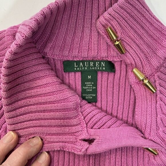 LAUREN RALPH LAUREN Pink Ribbed Turtleneck Sweater Women Medium Gold‎ Buttons - Picture 9 of 15